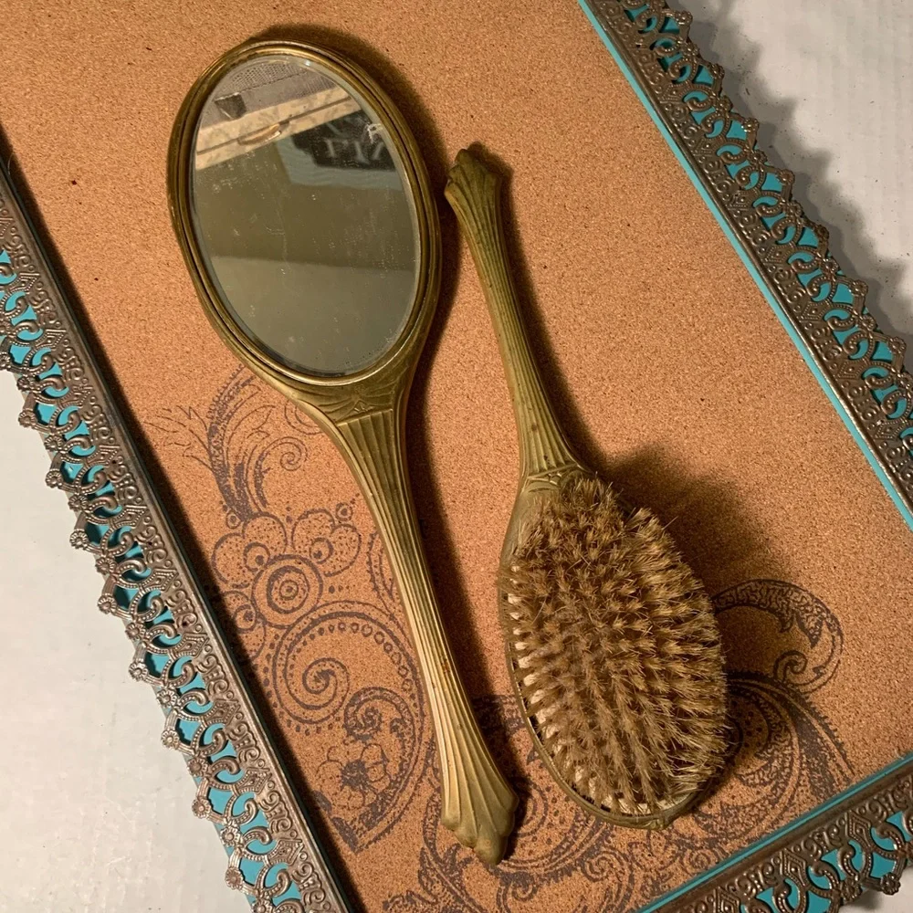 Antique Brass Hand Mirror and Brush Set (B21)